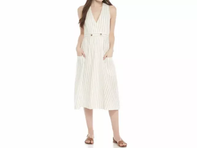 Free people Diana sleeveless striped wrap midi shift dress ivory black Sz XS