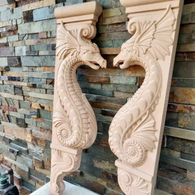 Wooden Gothic Dragon Corbels Hand-Carved Corbel for Fireplace Mantel Surround