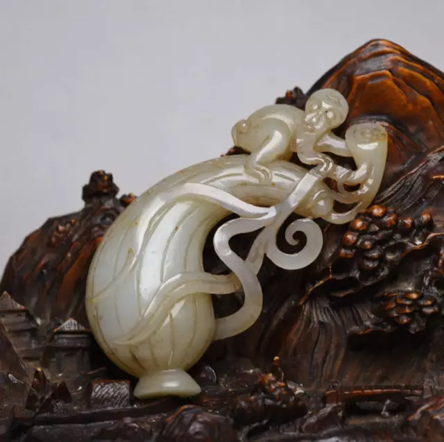 Certified Natural Hetian Jade Hand-Carved Exquisite Melon&Monkey Statue 11672