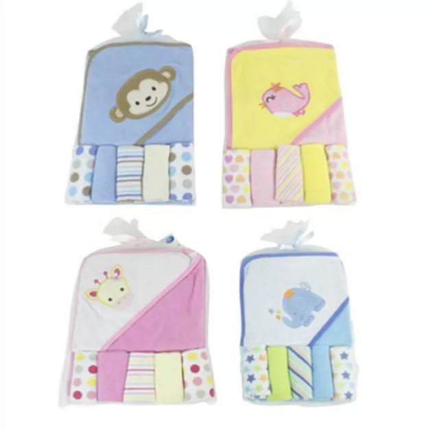 Baby Hooded Bath Set Towel with 5 Baby Wash Cloths Boy & Girls Cotton Present