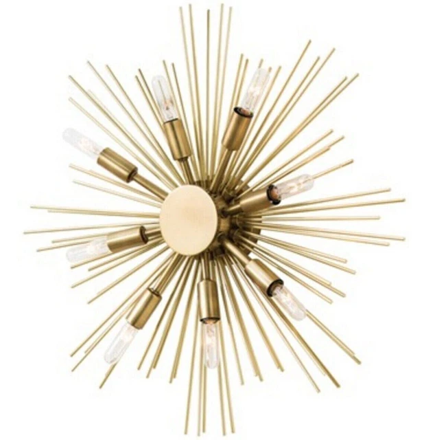LUSTRE SPOUTNIK MODERNE en laiton brut, 2 abat-jour incurvés, pendentif
