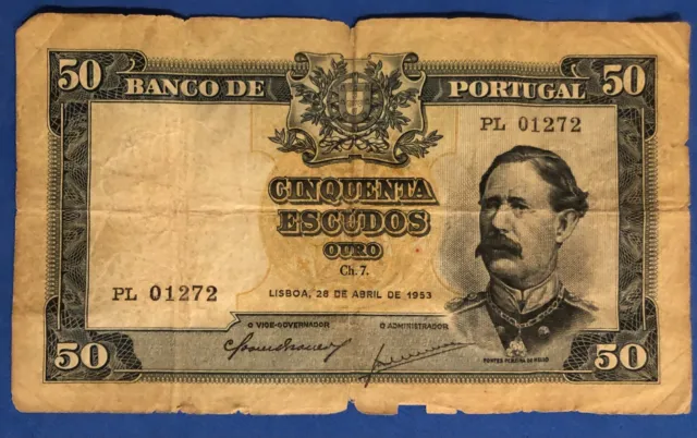 1953 Portugal Portugese 50 Escudos Banknote Heavily Circulated