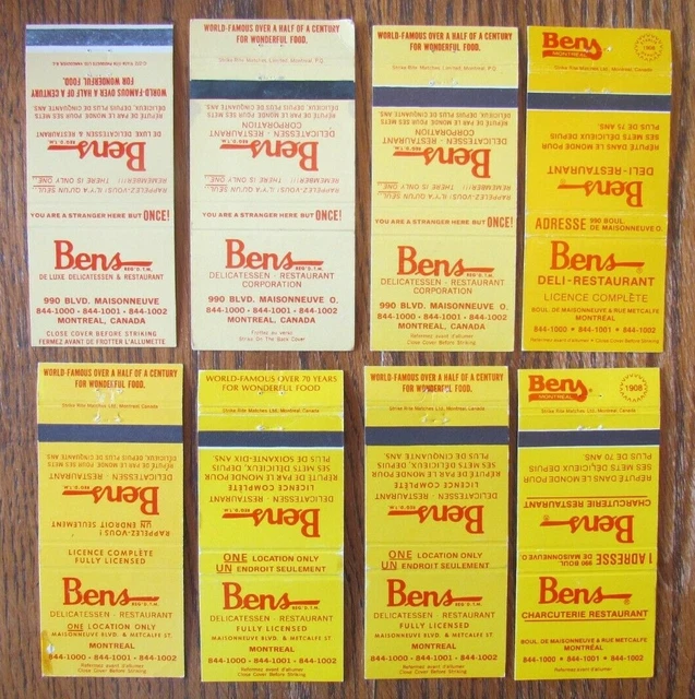 Deli Restaurant Matchbook Covers: Bens Montreal, Quebec Empty Matchcovers -D8
