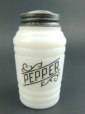 Vintage White Ribbed Milk Glass 3 1/2"  Pepper Shaker & Lid Black Scroll Letters