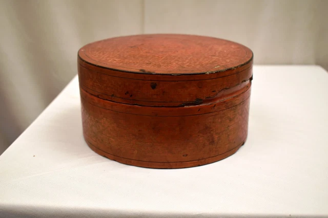 Antique Burmese (Bagan) Red Lacquered Coiled Bamboo Betel Nut Box Hand Painted"2 10