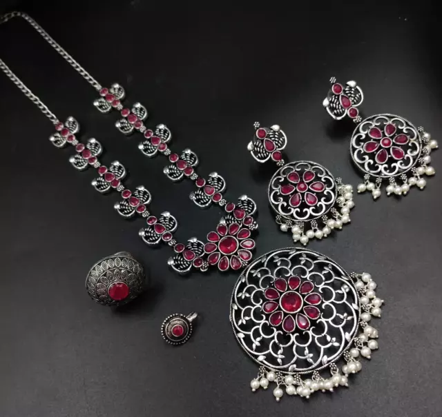 Indian Bollywood Silver plated Silver oxidized Necklace Earrings Jewelry Set