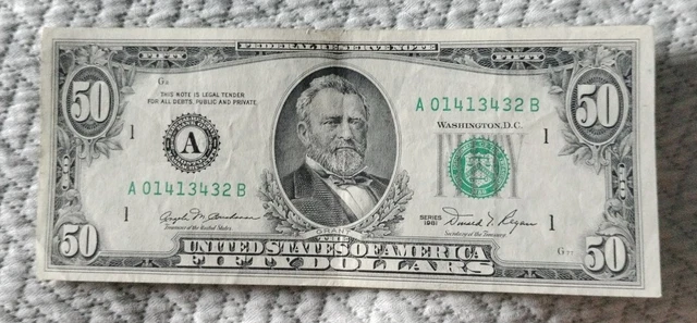 1981 Boston A $50 Fifty Dollar Bill Federal Reserve Note, US Serial # A01413432B