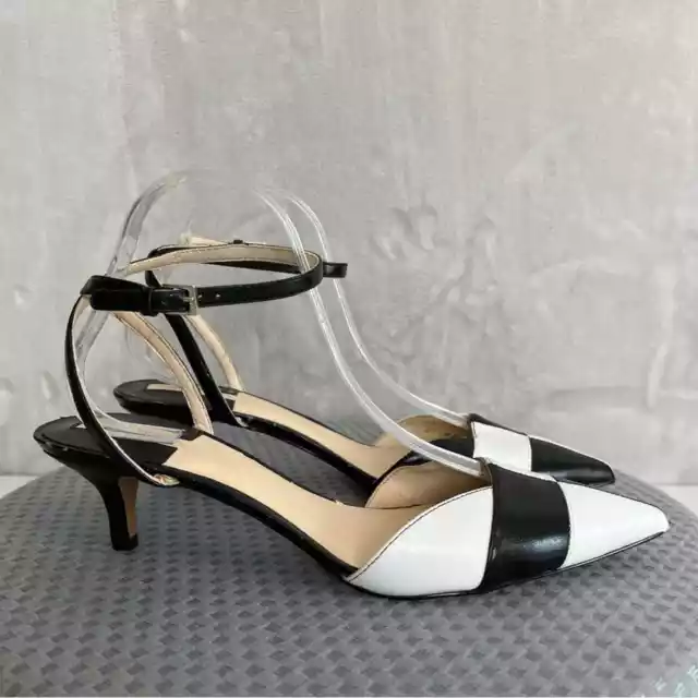 Nine West Pumps Womens 10 Kitten Heel Shoes Black White Ankle Strap Pointed Toe