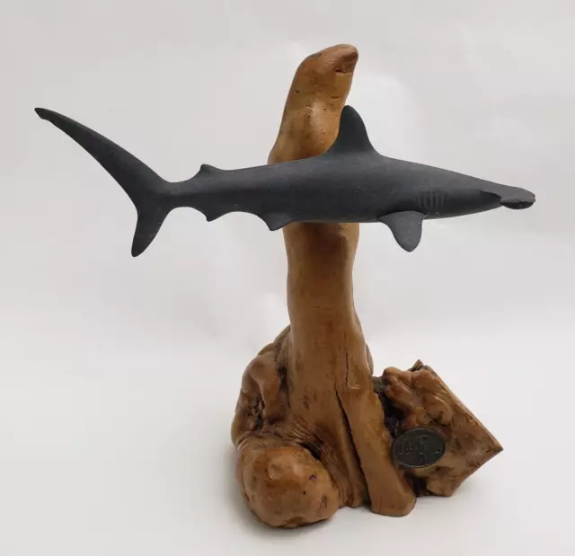 John Perry Hammerhead Gray Shark Sculpture Burlwood Base