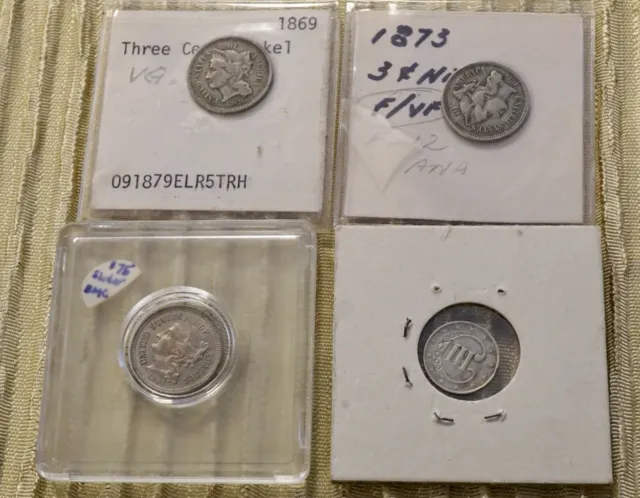 3- 3 Cent Nickels   1873, 1865, 1869, 1 -1852 Three Cent Piece    #35