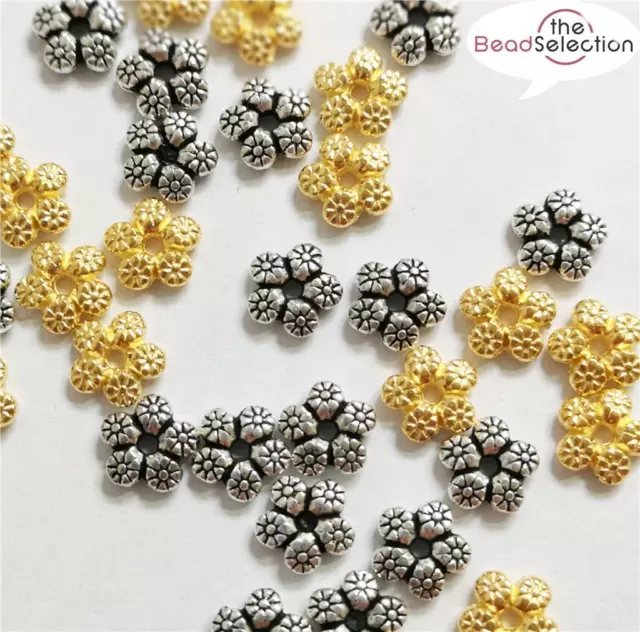 40 SNOWFLAKE DAISY SPACER BEADS 7mm TIBETAN SILVER / GOLD