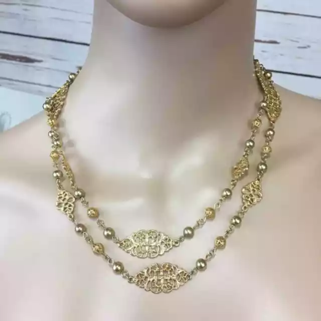 Double Strand Gold Tone Oval Medallion Filigree Necklace