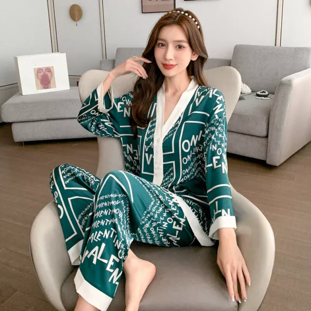 WOMEN'S SILK SATIN Pajamas Set Ladies Long Sleeve Sleepwear