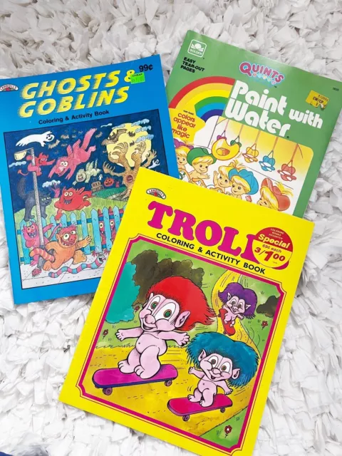 Vintage Set of 3 90s Coloring & Activity Books Paint With Water Trolls Quints