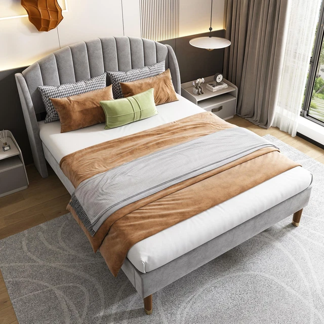 KING SIZE UPHOLSTERED Bed with Slatted Frame Velvet Grey Youth Bed