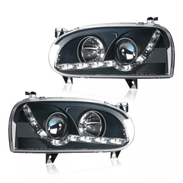 Für VW Golf 3 LED Tagfahrlicht Optik Scheinwerfer schwarz Limo Kombi Cabrio