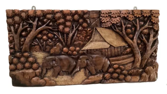 Panneau d'art mural en bois sculpté éléphant de ferme asiatique Vintage...