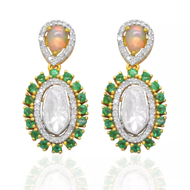 925 Sterling Silver Ethiopian Opal Emerald Diamond Polki Earrings Gold Plated