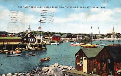 Rockport, MA, Yacht Club & Harbor from Atlantic Ave, 1954 Linen Postcard e3102