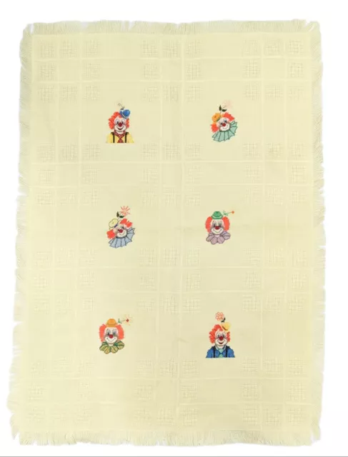 Vintage Handmade Baby Blanket Needlepoint Clowns Circus Yellow Receiving Throw