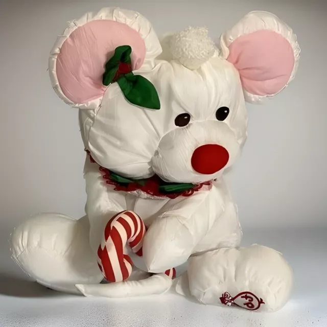 Vintage Puffalumps White Christmas Mouse Plush w/Candy Cane Fisher Price 1987