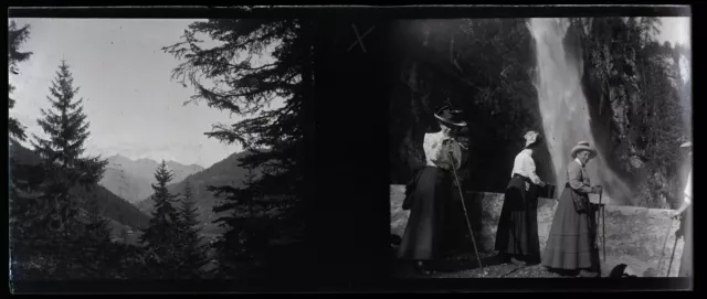 Montagne Femme Cascade c1900 Photo NEGATIVE Vintage Plaque verre V35L17n19