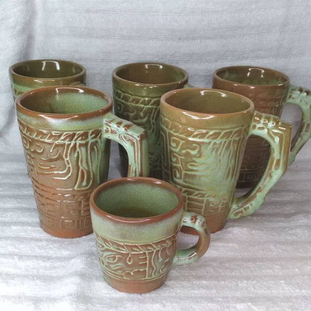 Vintage Frankoma Pottery Mayan Aztec Large Sm Coffee Mugs Prairie Green Lot 6