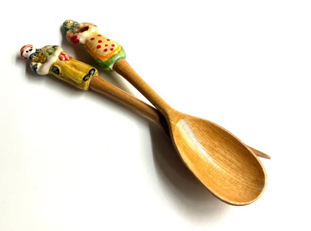 Utensils Salad Servers Hand Painted Ceramic Handles Italy Wood Spoon Fork Set