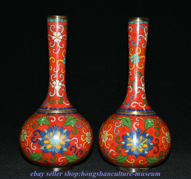 9 " Qianlong Marked China Red Cloisonne enamel Bronze Dynasty Flower Vase Pair