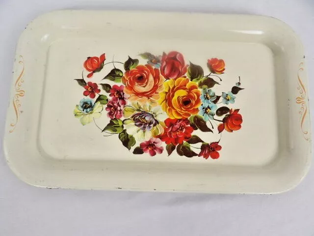 Vintage Small Off Whit Floral Tole Ware Serving Tray  14" x 9"