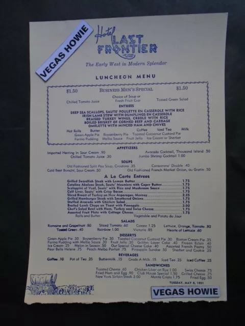 VEGAS HOWIE 1  Last Frontier Hotel Casino Paper Menu Vintage History 1951 Early