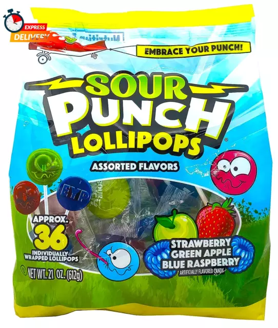 Sour Punch Lollipops Sour Fruit Flavors Strawberry, Green Apple, Blue Raspberry
