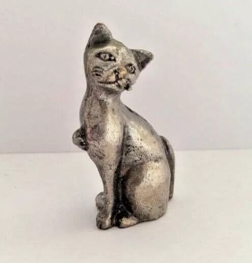 Statuette figurine amulette laiton argenté animal CHAT CAT Thaïlande Asie AA4