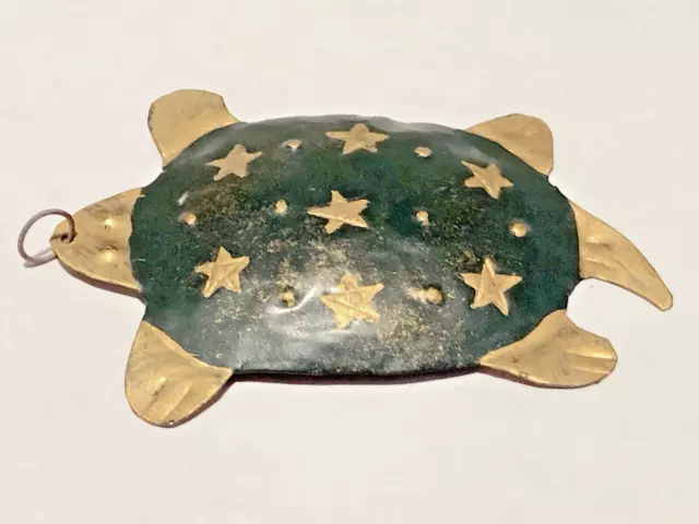 Antique Handmade Turtle Tortoise Hanging Mobile Folk Art Amulet Medallion Gold