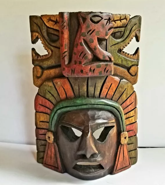 Mayan Mask Hand Carved Wooden  Paintedfolk Folk Art Mexico Wall Decor  8" H New