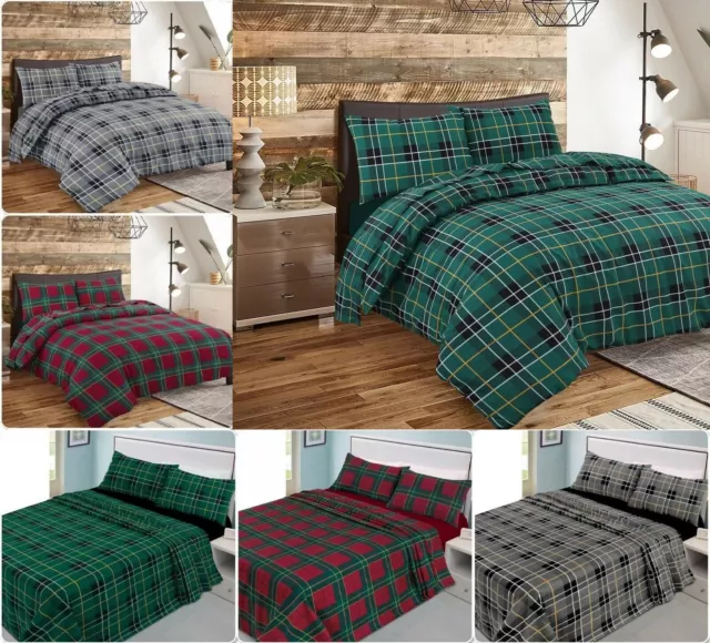 100% Brushed Cotton Flannel Tartan Check Duvet Quilt Cover Thermal Bed Sheet Set