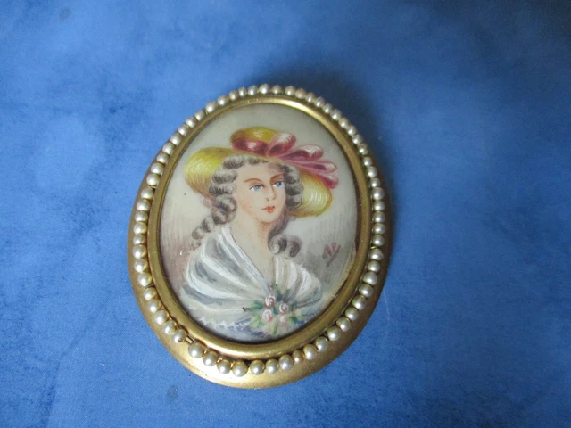 Broche Ancienne Portrait De Femme Miniature - Signée Manufacture Flaman - Années 1930/1950