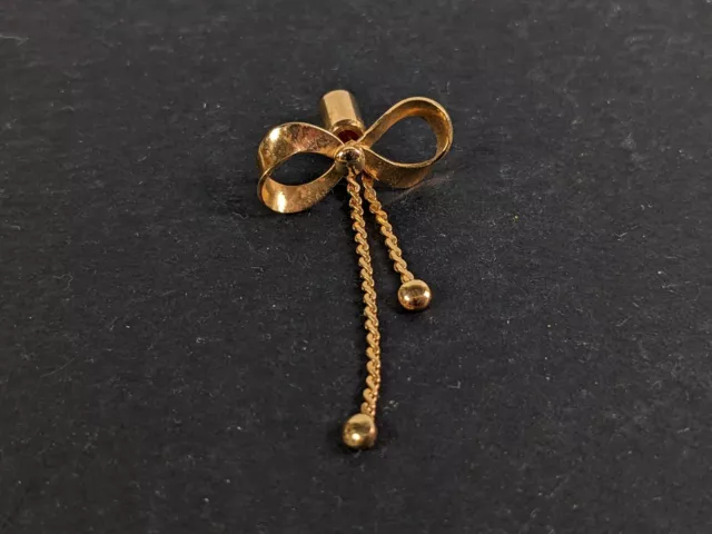 Small Vintage Bow Shaped Pin Lapel Pin Brooch Signed SC Dangle Chain Gold Tone