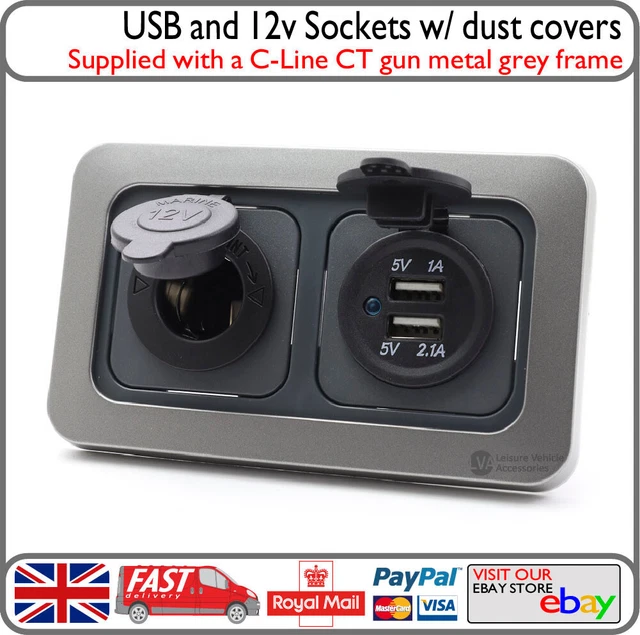 thumbnail image 2 of C-Line CBE Grey Wall Socket Combo - 12V USB-C/USB-A & 240V 13A For Campervan, Motorhome, Boat 2 of 5
