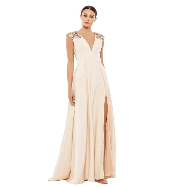 Ieena for Mac Duggal floral Beaded Shoulder V-Neck Slit Gown Dress Size 12