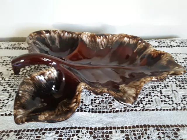 Large Mottled Shades Of Brown Ceramic Leaf Serving Dish /3 Sections- Marked HULL