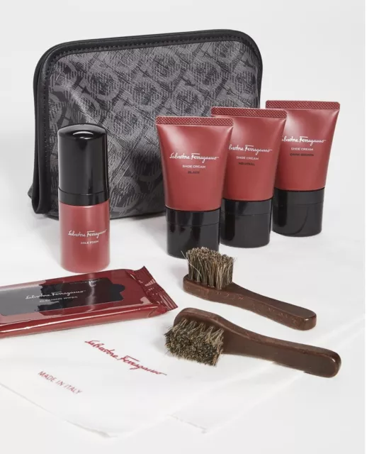 NEW Salvatore Ferragamo Gancini Leather Travel Shoe Shine Care Kit AUTHENTIC NIB