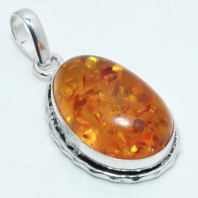 Baltic Amber Gemstone Handmade 925 Sterling Silver Jewelry Pendant 1.6"