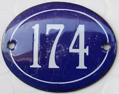 Old blue oval French house number 174 door gate plate plaque enamel steel sign