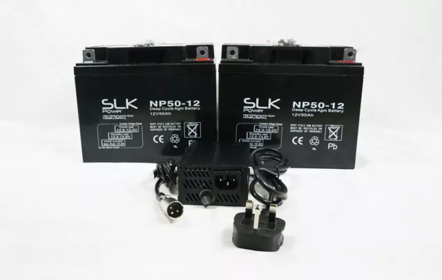 PAIR 12v 50AH MOBILITY SCOOTER BATTERIES & CHARGER - UPGRADE 40AH 42AH 44AH 45AH