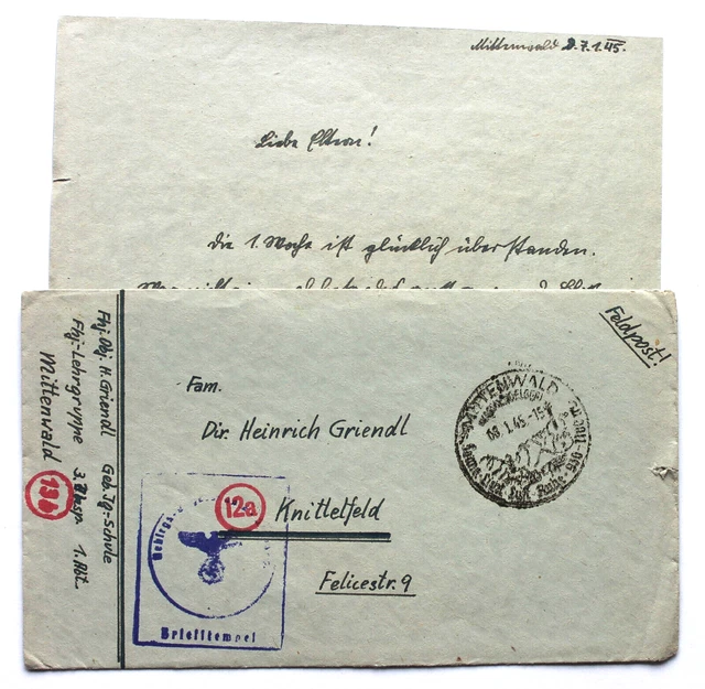 Feldpostbrief 1/1945 m. Inh. Gebirgsjäger Schule Mittenwald nach Knittelfeld Feldpostbrief 1/1945 m. Inh. Gebirgsjäger Schule Mittenwald nach Knittelfeld