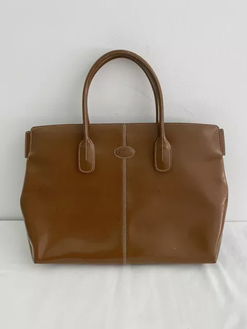 Tods Cognac Glossy Leather Tote Satchel Convertible Shoulder Handbag