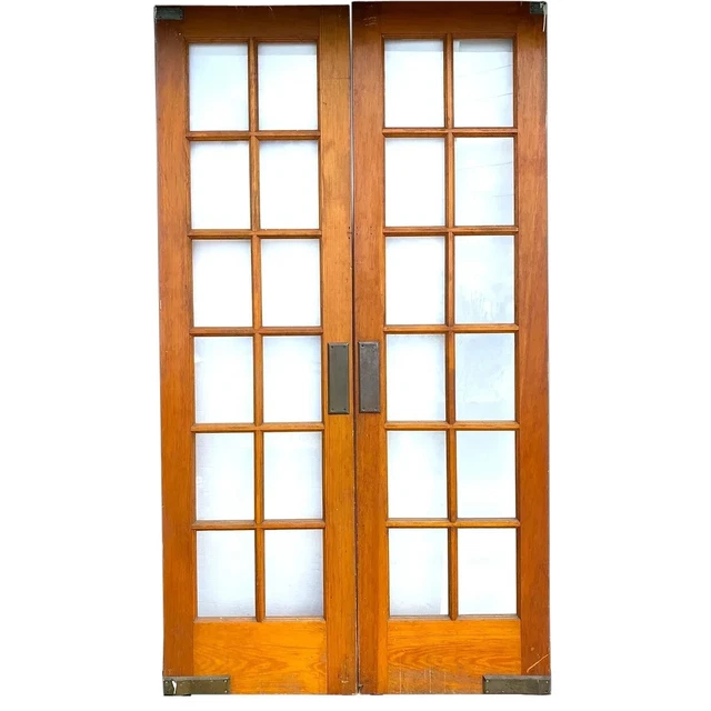Antique American Pine & Glass Interior Double Swing French Doors c. 1908