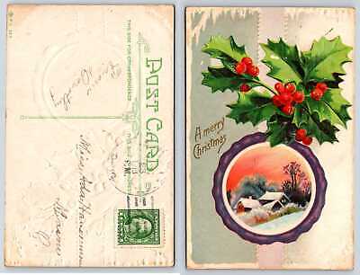 Merry Christmas Holly Winter Scene Snow Postcard 295