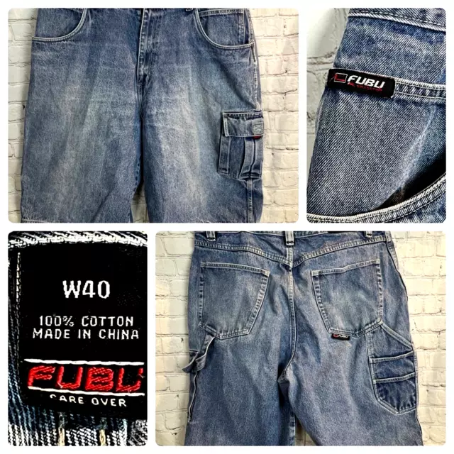 Vintage FUBU Carpentiere Pantaloncini Uomo Misura 40 Blu Denim 90's Rap Hip-Hop